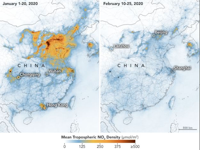 Карта изменений загрязнения воздуха в Китае