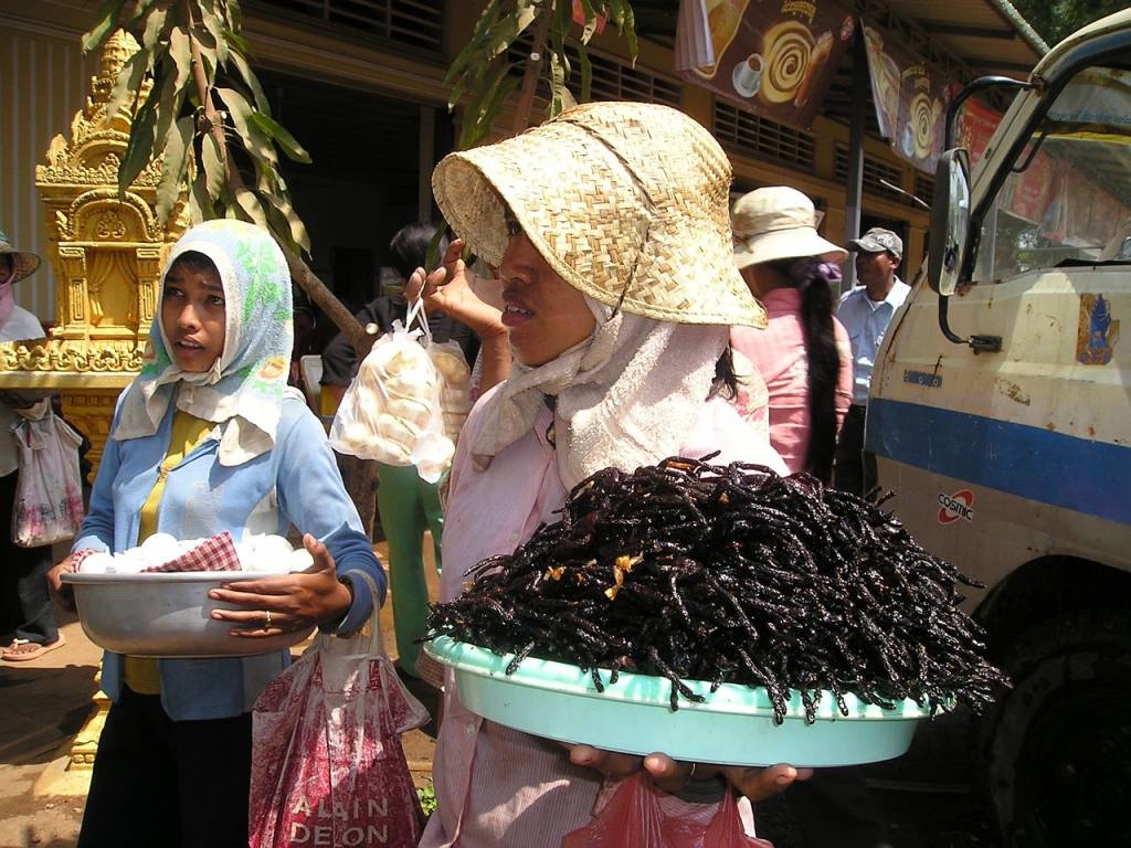 В багатьох країнах Азії комахи та інші членистоногі - звичайна їжа. Ця жінка з Камбоджі продає смажених павуків
