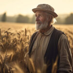 Пожилой фермер с седой бородой стоит в поле среди колосьев зерновой культуры.
