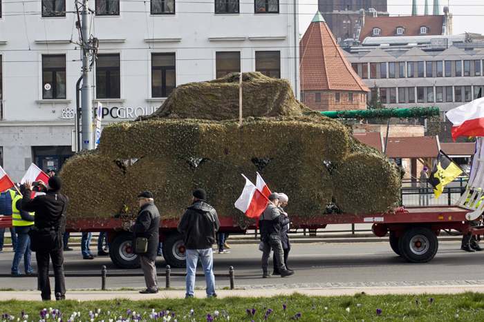 Інсталяцію з тюків соломи у вигляді танку везуть на платформі під час протесту фермерів у Гданську.