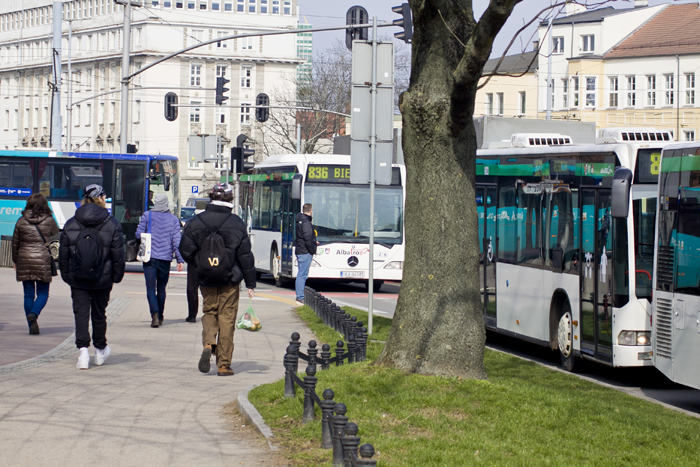 Несколько автобусов стоит вдоль улицы в центре Гданьска.