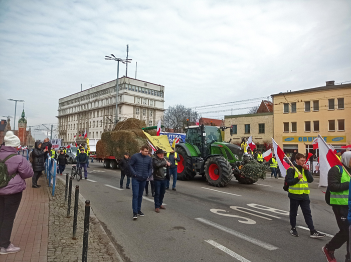 Трактор везет платформу с инсталляцией в виде танка из соломы по центральной улице Гданьска во время протеста фермеров.