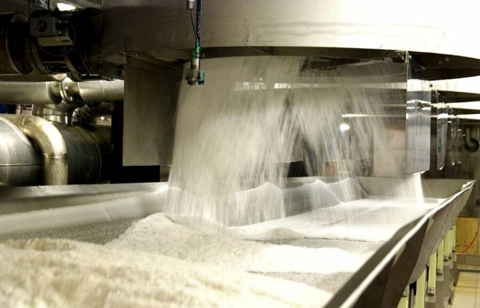 Лінія з виробництва цукру, на яку сиплеться готовий цукор.
